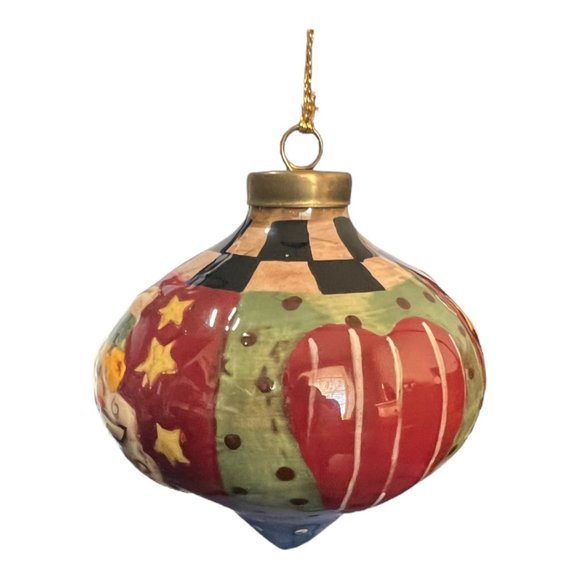 Santa Clouse Ornament Teardrop Ceramic, Porcelain Star Patchwork Rustic Country - Picture 2 of 7